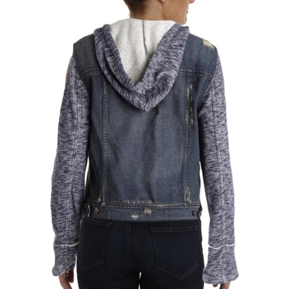 Free People Distressed Denim Jacket With Knit Sleeves and Hood - Picture 2 of 11